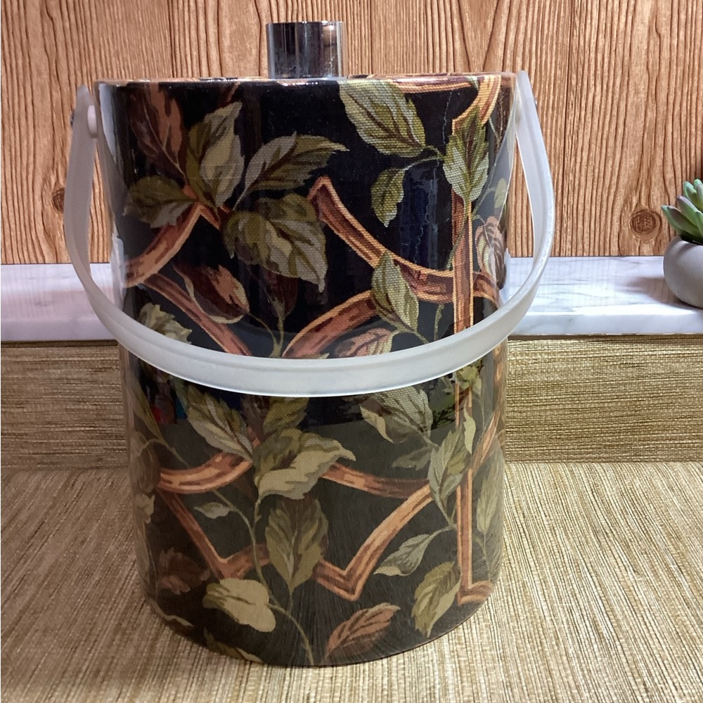 Vintage MCM Large Ice Bucket with Handle Acrylic lid Vine Print Made in USA